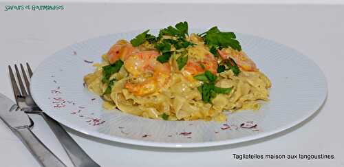 Tagliatelles maison aux crevettes, sauce safranée.