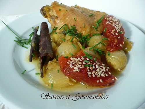 Tajine  de Poulet aux petits Oignons et à la Confiture de tomates.