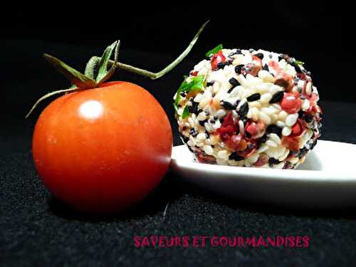 Tomates cerise panées au chèvre et aux graines.