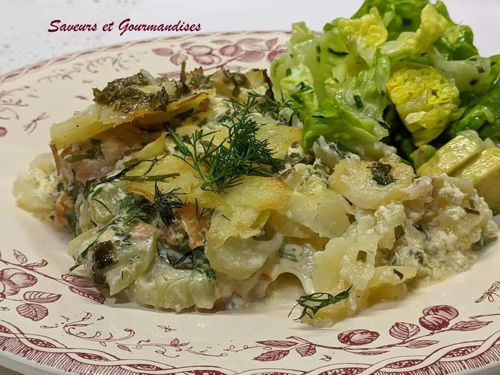 Gratin de pommes de terre, fenouil et saumon fumé