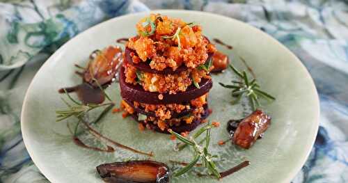 MILLEFEUILLE DE BETTERAVES AU QUINOA, POTIMARON ET ECHALOTES AU BALSAMIQUE