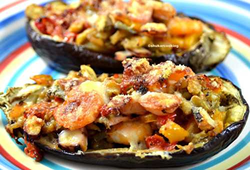 Aubergines farcies aux crevettes et poulpe