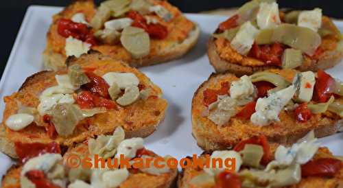 Bruschettas Tapenade d’artichaut et poivron au gorgonzola