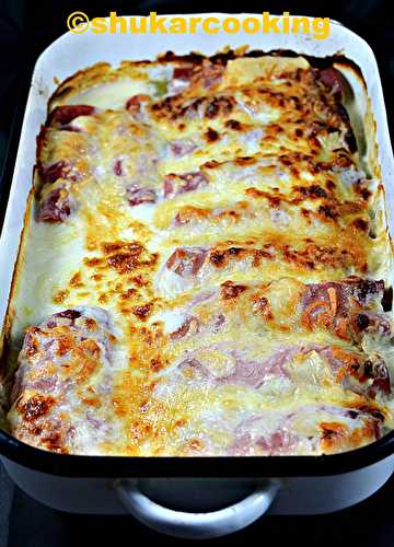 Endives et poireaux gratinés au jambon