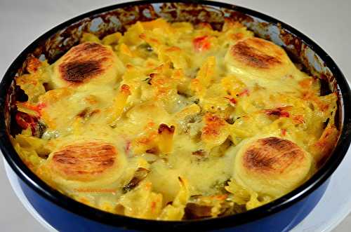 Gratin de nouilles au trio de poivrons, skyr et crottin de chèvre