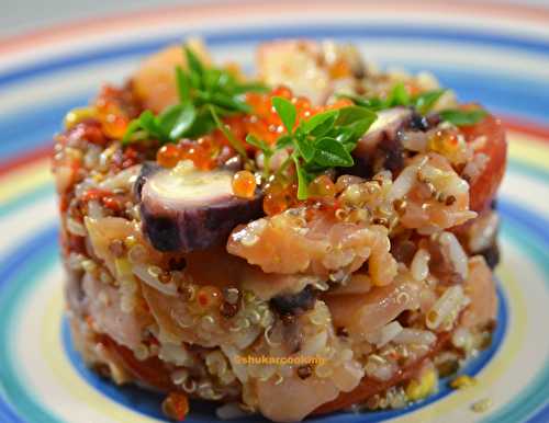 Salade d’encornet, truite et mélange inca