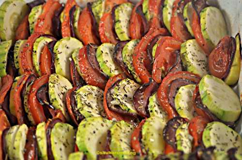 Tian de courgettes , tomates et filet mignon fumé