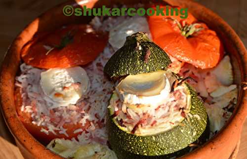 Tomates et courgette farcies au jambon fumé riz et chèvre - Shukar Cooking