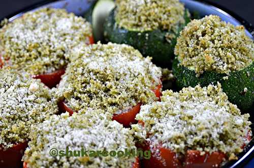 Tomates et courgettes au couscous, pesto de roquette et parmesan