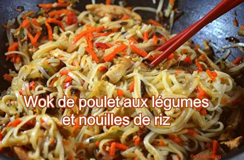 Wok de poulet aux légumes et nouille de riz