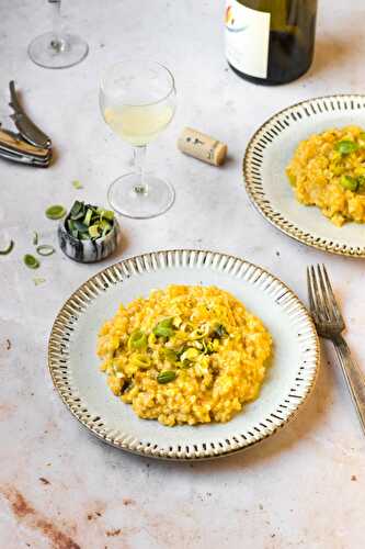 Risotto à la citrouille, poireaux et huile de truffe vegan