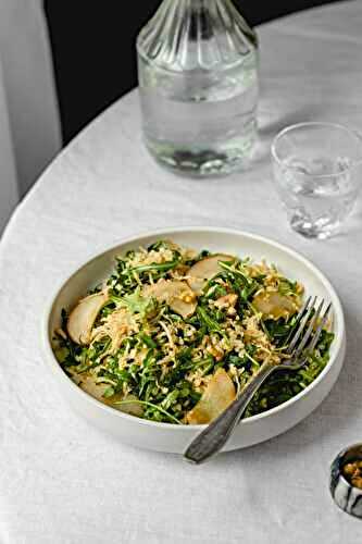 Salade tiède de céleri rave, boulgour et poire caramélisée