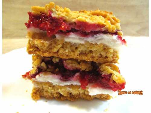 Carrés sablés aux framboises et à la mousse meringuée