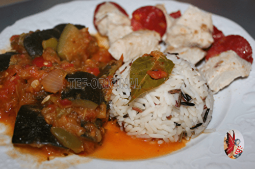 RATATOUILLE, DINDE AU CHORIZO ET SON RIZ TRICOLOR AU VAROMA (en pas à pas)