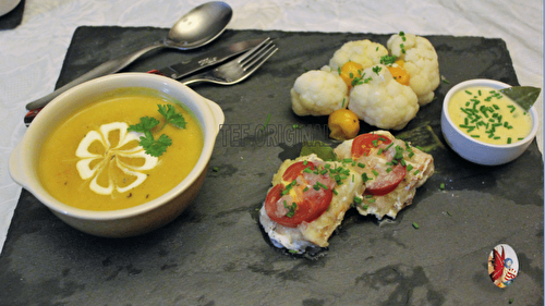 VELOUTE DE BUTTERNUT/CABILLAUD SAUCE CIBOULETTE CHOUX FLEURS POMMES DE TERRE