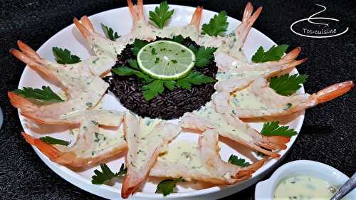 Gambas à la sauce citron vert-gingembre et riz noir