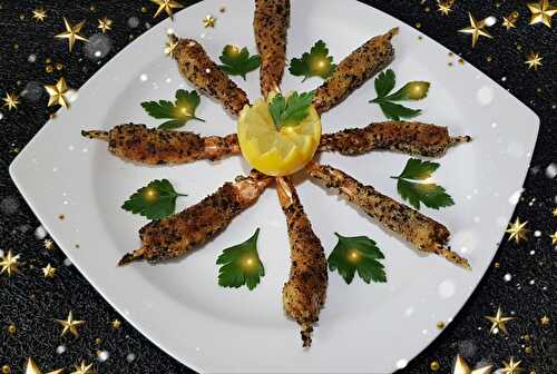 Brochettes de gambas  en croûte de nori et panko