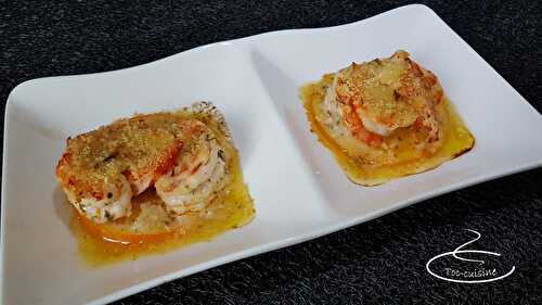 Gambas gratinées marinées au jus d'orange, jus de citron et cognac