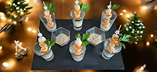 Pétoncles  et gambas en brochettes  sauce aux cèpes  et prosecco 