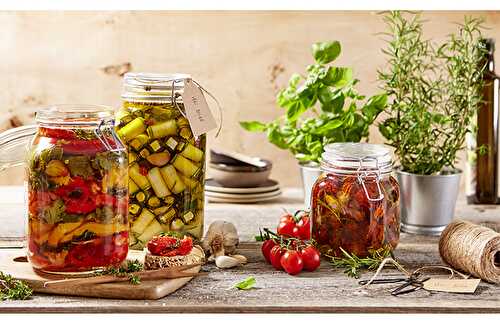 Apéro en bocaux | Tomates confites, courgettes feta et poivrons |Des bocaux de légumes qui se préparent à l'avance