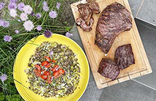 Salade d’épeautre lentilles et côte de bœuf