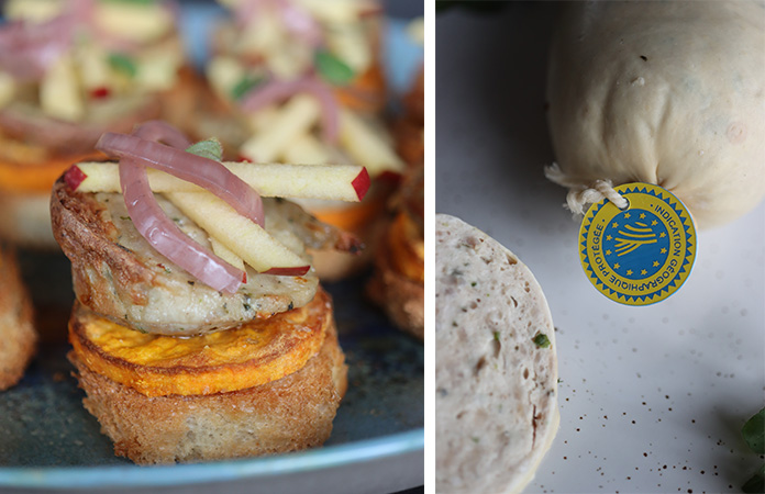 Toasts au boudin blanc de Liège IGP, patate douce et pomme