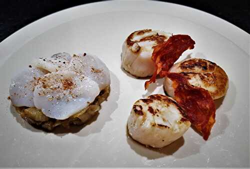 Chaud-froid de Saint-Jacques aux endives caramélisées et chips de ventricina