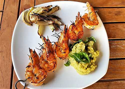 Brochette de gambas guacamole et fenouil confit