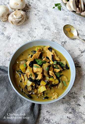 Soupe aux poulet, poireaux et champignons