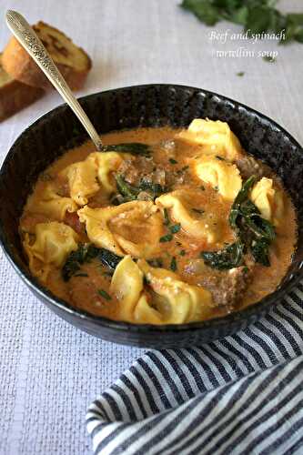 Soupe de tortellini au boeuf et aux épinards