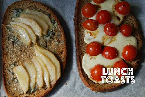 Tartines tomates-mozzarella-balsamique et St Agur-poires-miel