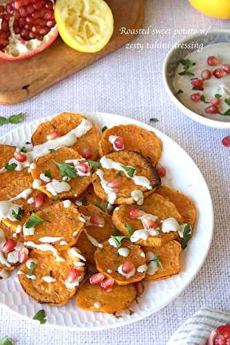 Patates douces rôties, sauce au tahini citronnée (vegan)