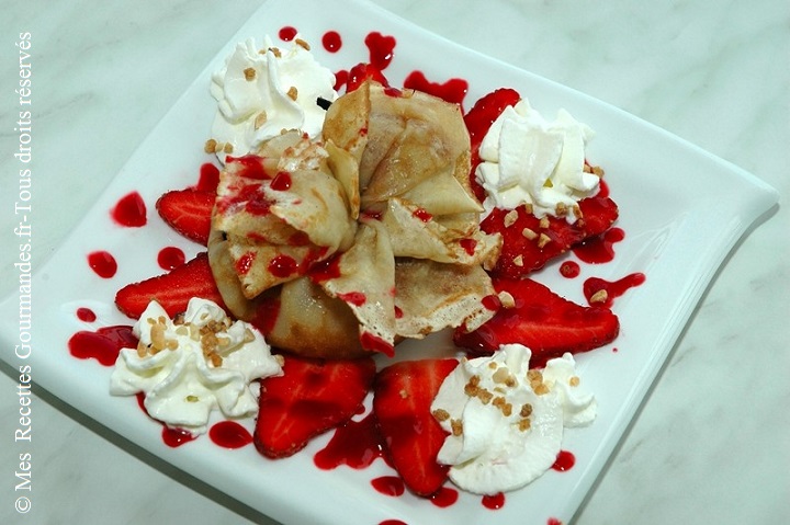 Aumônières en surprise et son coulis de fruits rouges