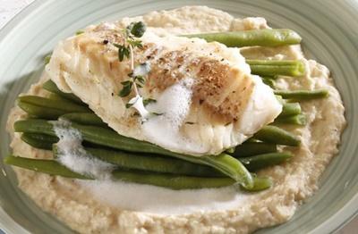 Cabillaud et haricots à la vapeur avec sa  purée de pois chiches