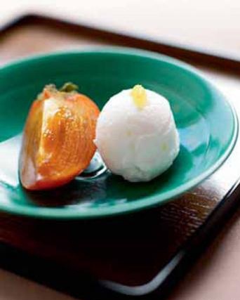 Sorbet au yuzu, kakis à la coque