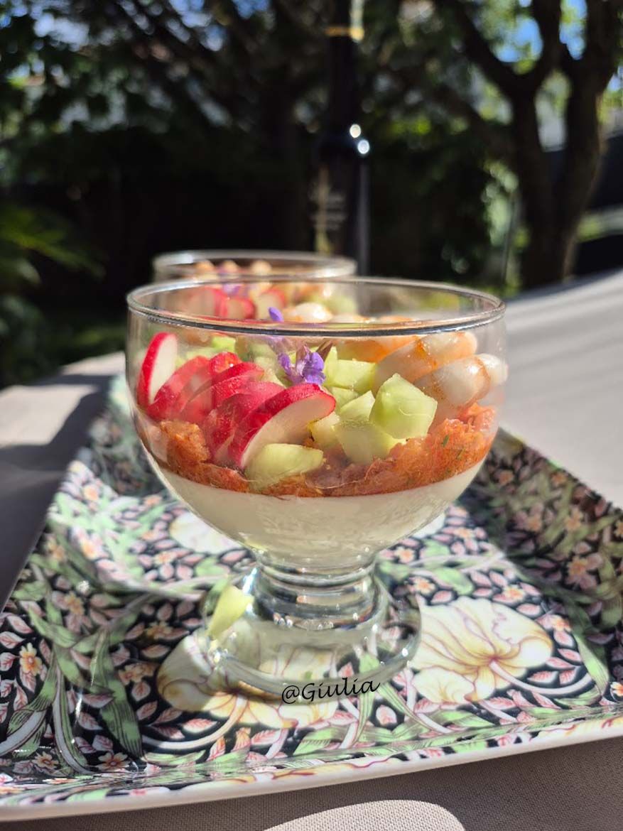 Panna cotta au parmesan coulis de tomates et crevettes
