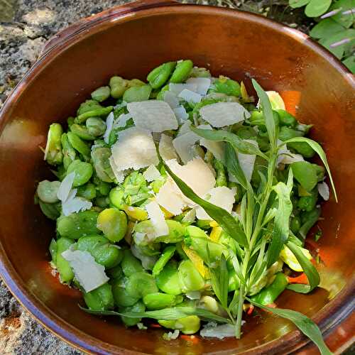 Salade de fèves, vinaigre balsamique, estragon et parmesan