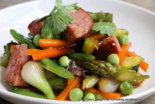 Wok de légumes de printemps et saucisse de Morteau !!