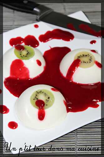 P'tits yeux de dragon (panna cotta noix de coco et chocolat blanc, coulis framboises)