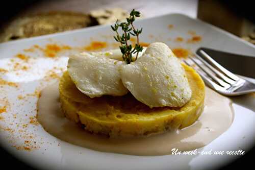 Joues de légine et écrasé de pommes de terre et de patate douce curcuma et lait de coco