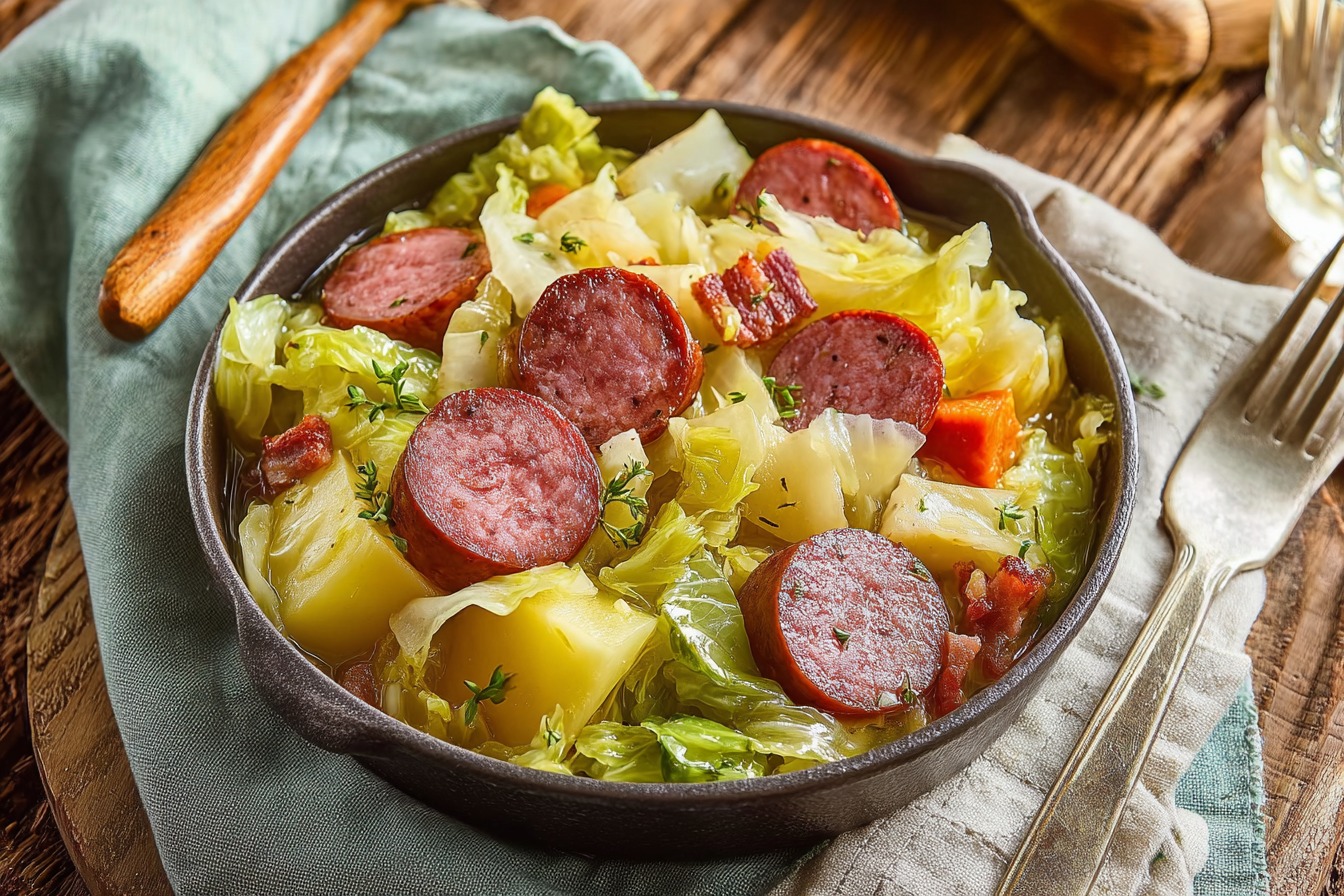 Fricassée fondante de saucisse fumée au chou