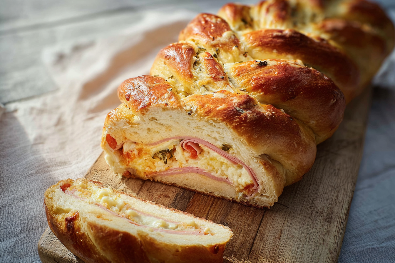 Brioche salée tressée au jambon et fromage