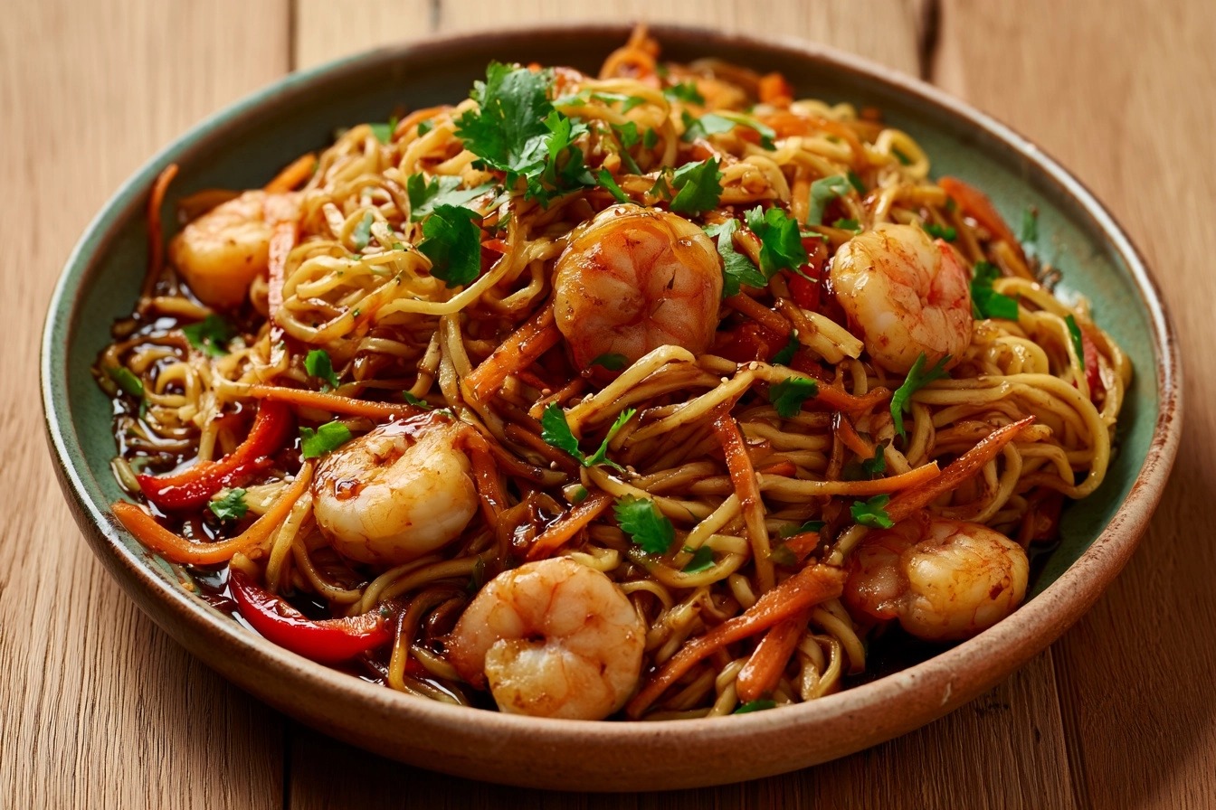 Nouilles chinoises aux crevettes sautées minute
