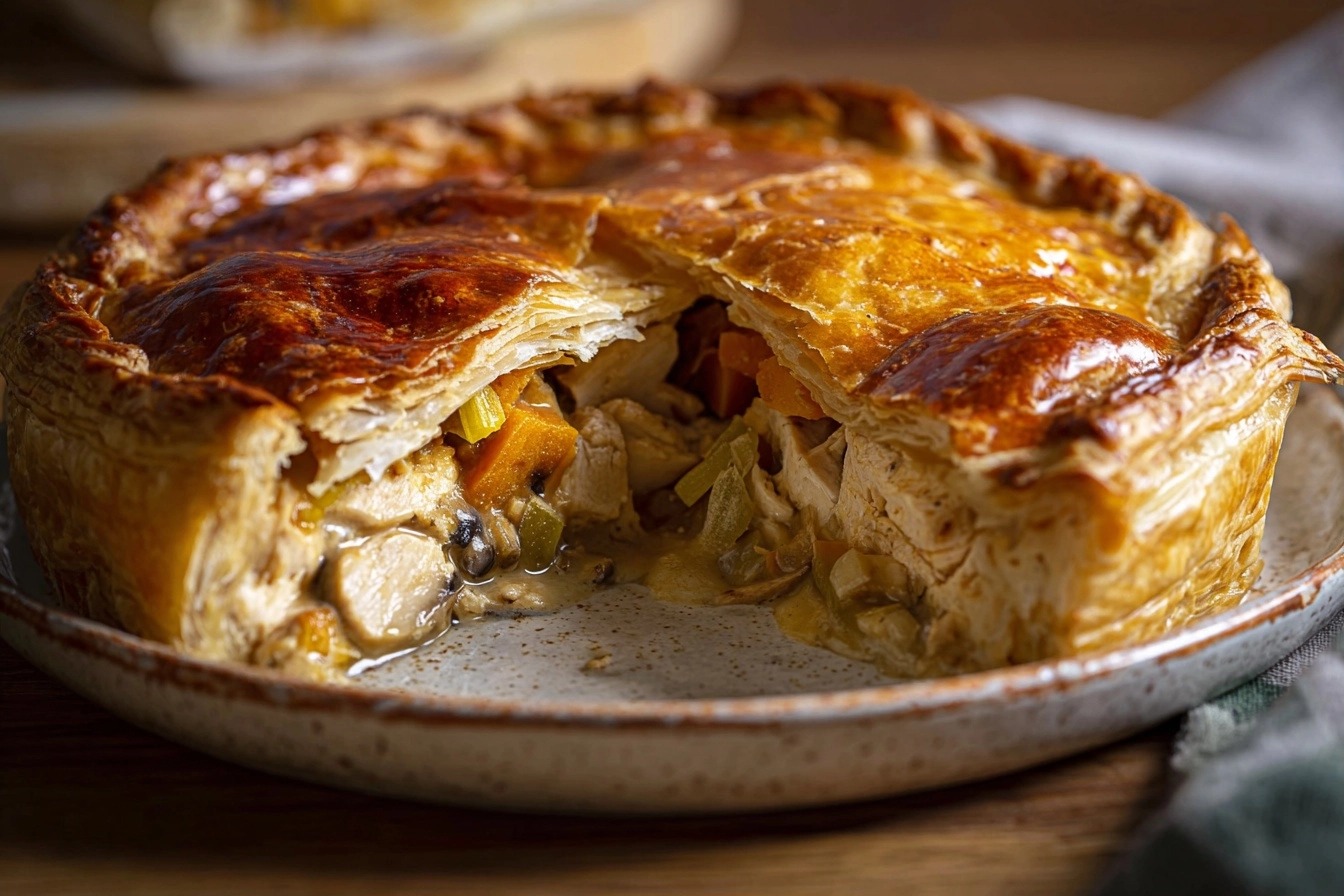 Tourte salée dorée au poulet, poireaux et champignons