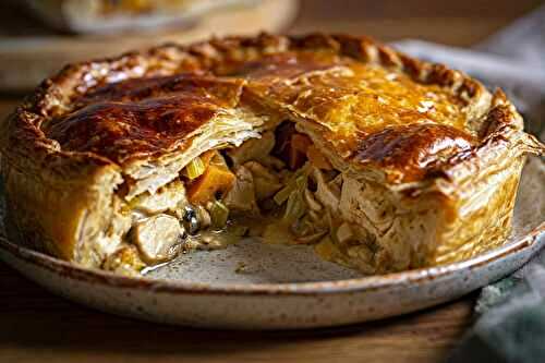 Tourte salée dorée au poulet, poireaux et champignons