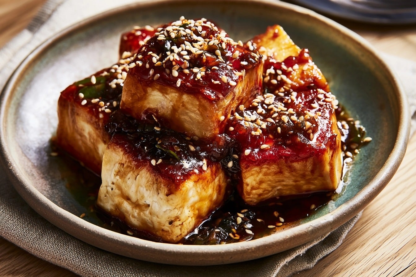 Tofu soyeux (sauce laquée) doré à la poêle
