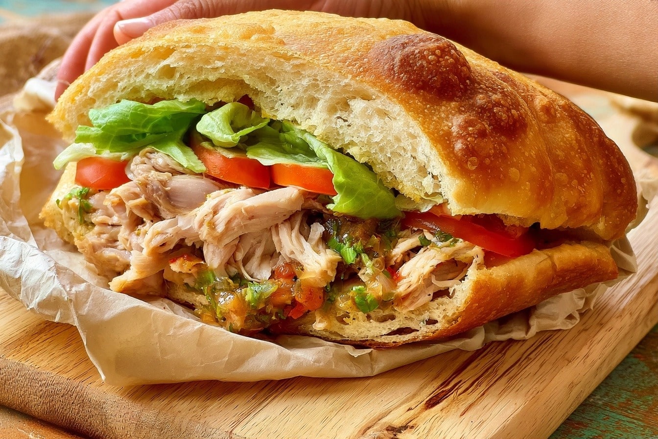 Bokit guadeloupéen maison, garniture au poulet et sauce chien