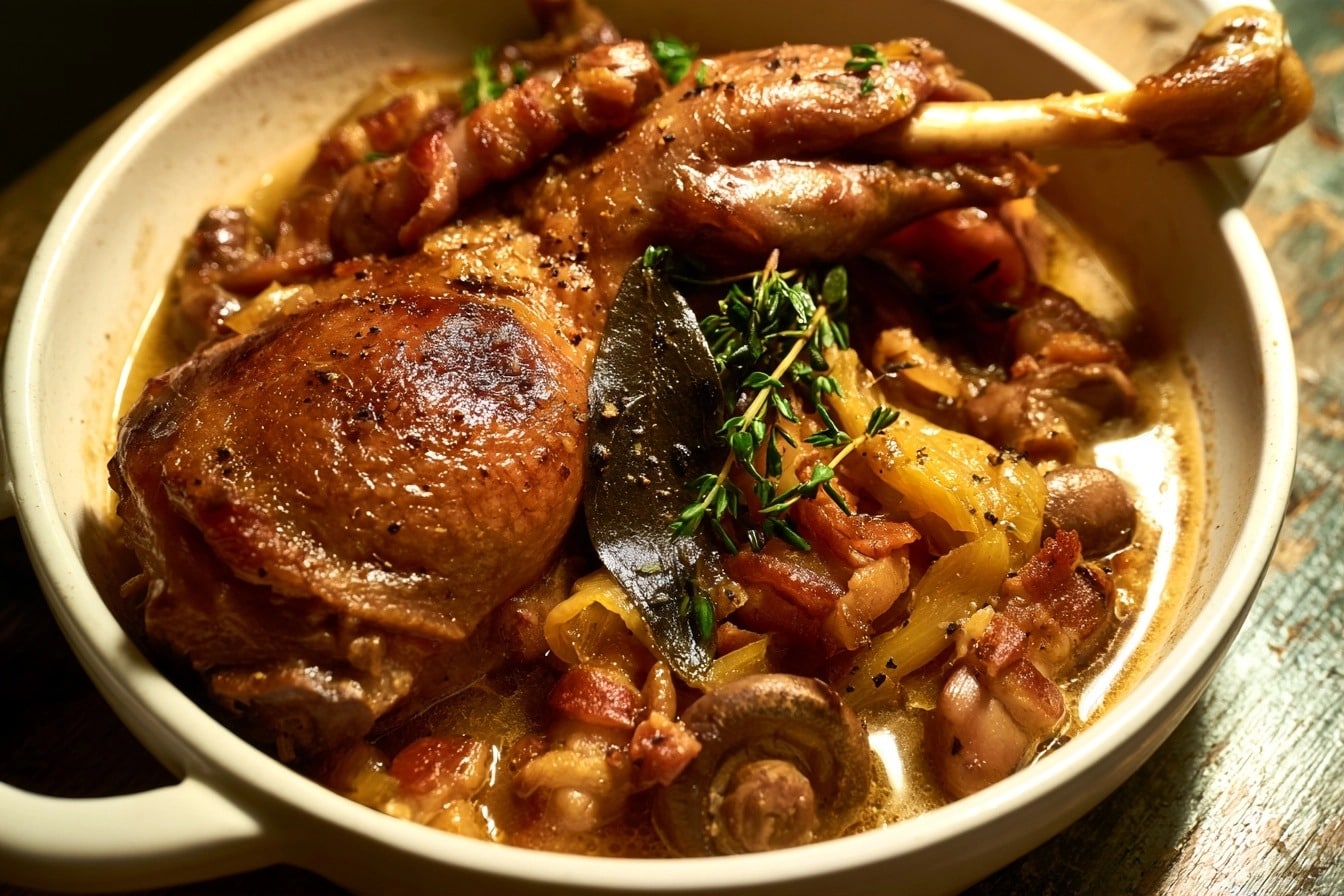 Cuisse de canard aux lardons mijotée en cocotte