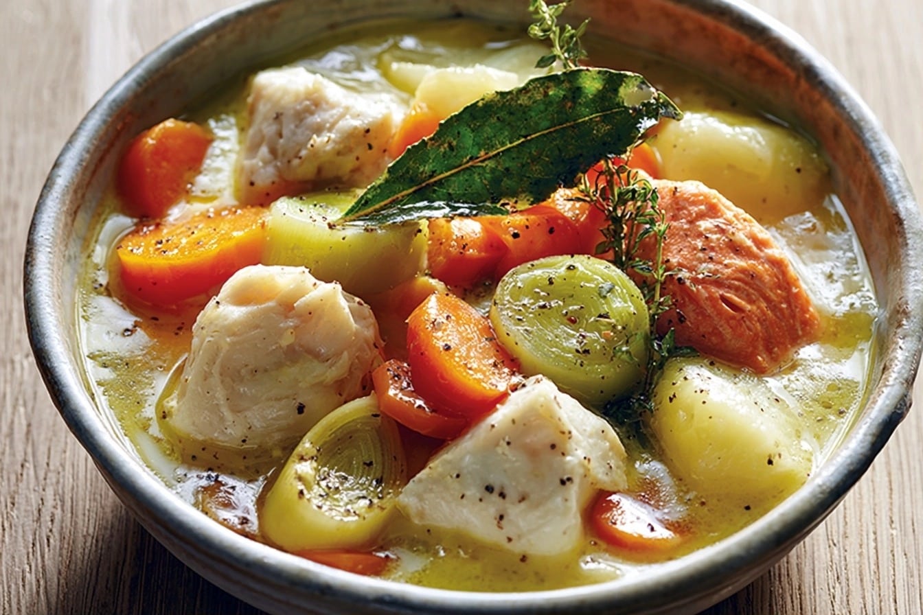 Nage de poisson mijotée aux petits légumes