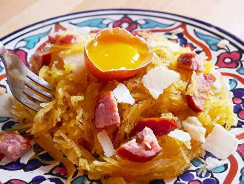 Courge spaghetti et saucisse de montbéliard façon carbonara